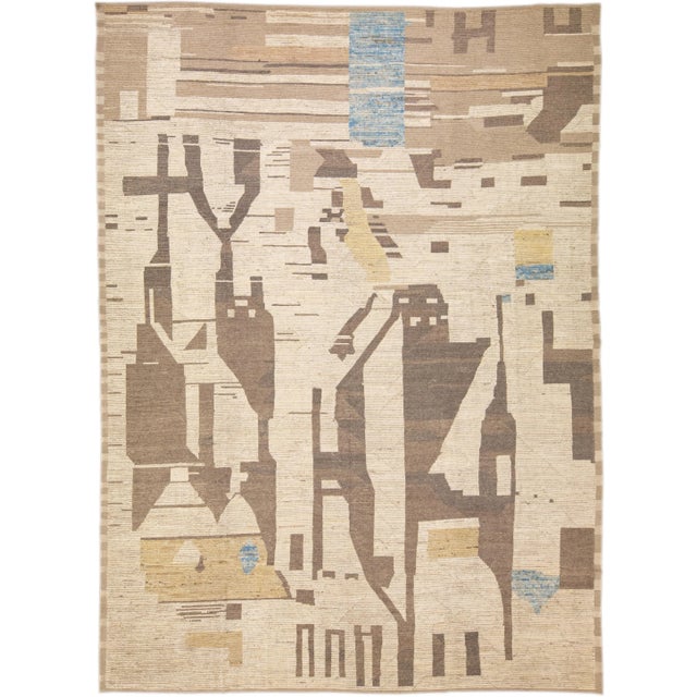 Beige Modern Boho Chic Moroccan Style Handmade Abstract Motif Oversize Wool Rug For Sale - Image 10 of 10