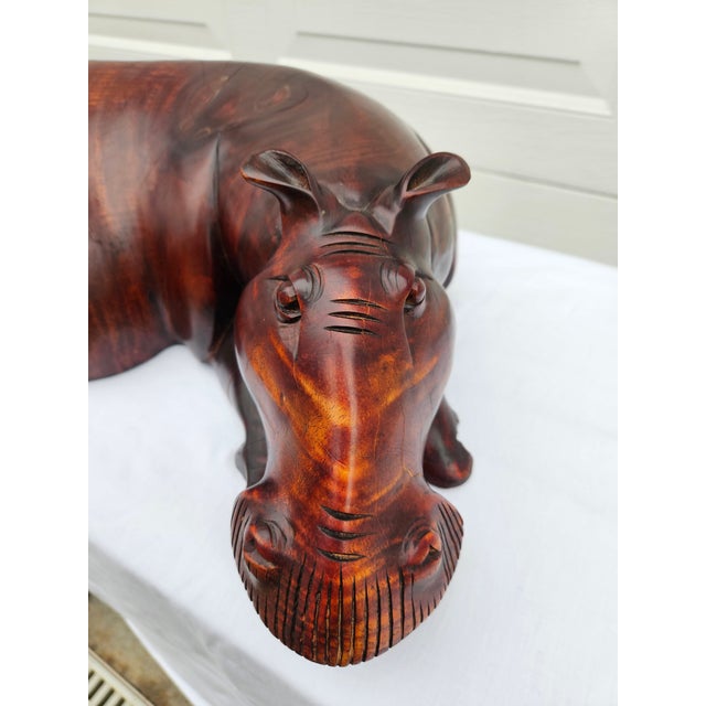 Oxblood Red Massive Hand Carved Wooden Hippopotamus Hippo Sculpture For Sale - Image 8 of 17