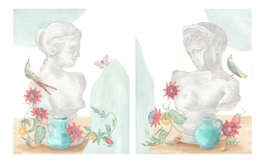 "The Viner Things in Life" Contemporary Bust Statue Still Life Acrylic Paintings - a Pair