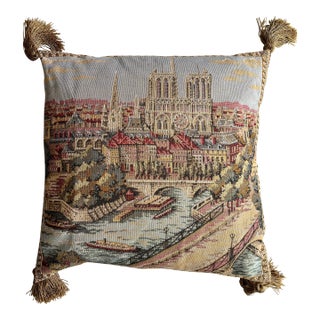 Vintage Tapestry Notre Dame Paris Landscape Pillow For Sale