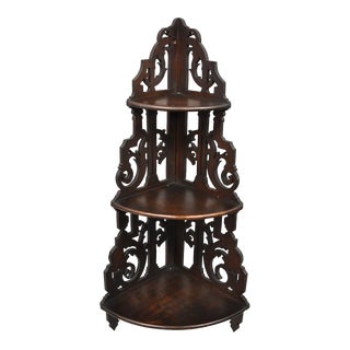 Victorian Walnut 3 Tier Carved Knick Knack Corner Whatnot Wall Shelf Curio For Sale