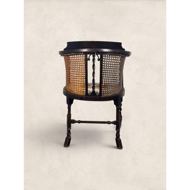 Antique English Oak Caned Tub Chair With Floral Needlepoint Seat, Circa 1910 For Sale - Image 4 of 9