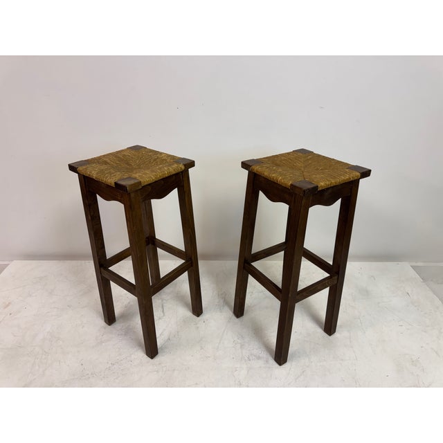 Brown Vintage French Bar Stools in Oak and Rush, 1960s, Set of 2 For Sale - Image 8 of 13