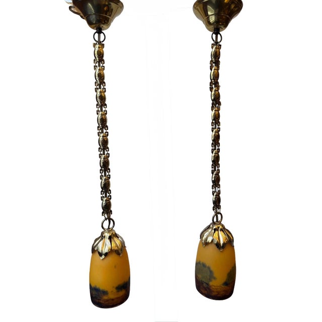 Blue Art Deco French Cameo Glass and Gilt Brass Pendant Lights from Degué, 1930s, Set of 2 For Sale - Image 8 of 9