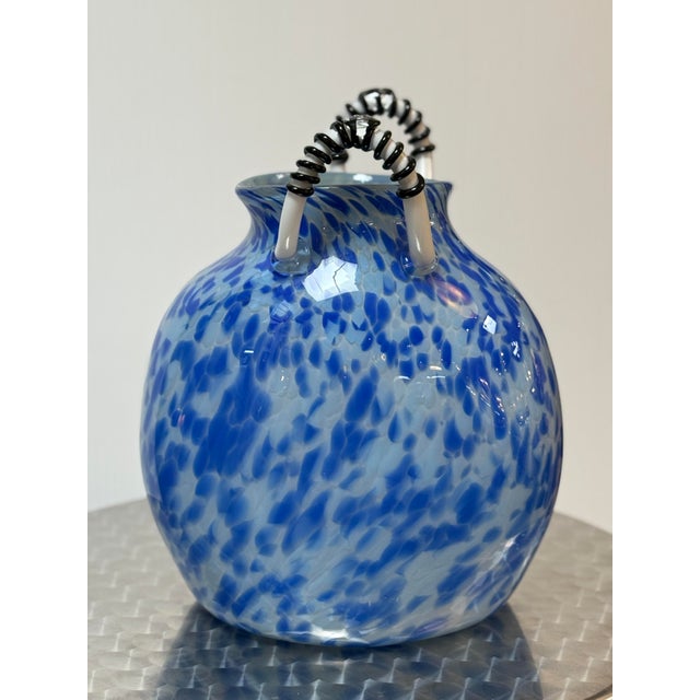 Pop Art Circa 2000 Michael Fod Speckled Blue With White & Black Handles Vessel, Signed For Sale - Image 3 of 12