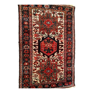 Vintage Persian Heriz Karajeh Rug, Hand-Knotted Wool, Geometric Pattern, Red & Ivory, 2x3 For Sale
