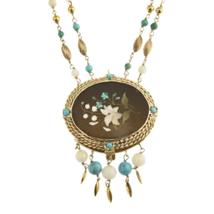 Cleopatra Inspired Turquoise and Gold Necklace with Victorian Pietra Dura Clasp