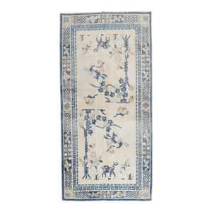Antique White Blue Color Pictorial Chinese Oriental Rug