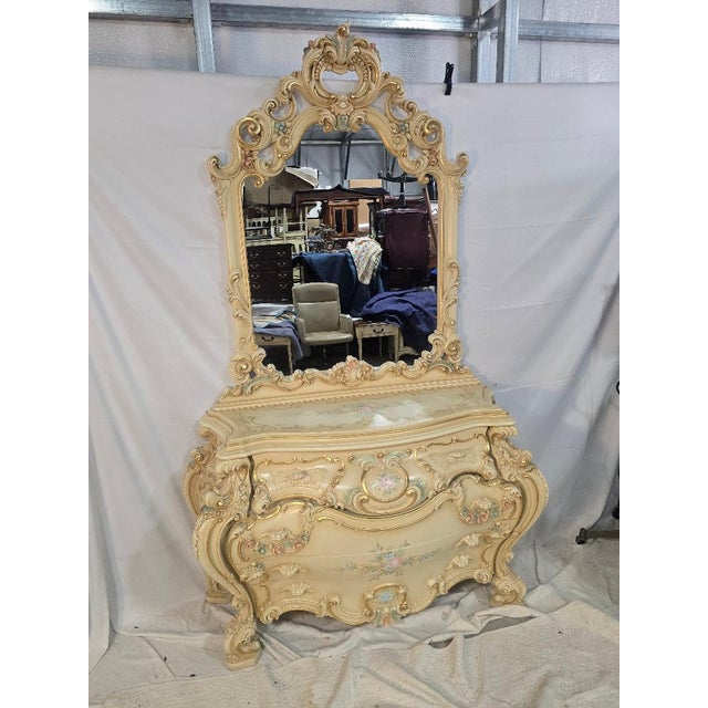 Late 20th Century Italian Silik Rococo Revival Hand Painted Bombe Dresser With Mirror For Sale - Image 11 of 12
