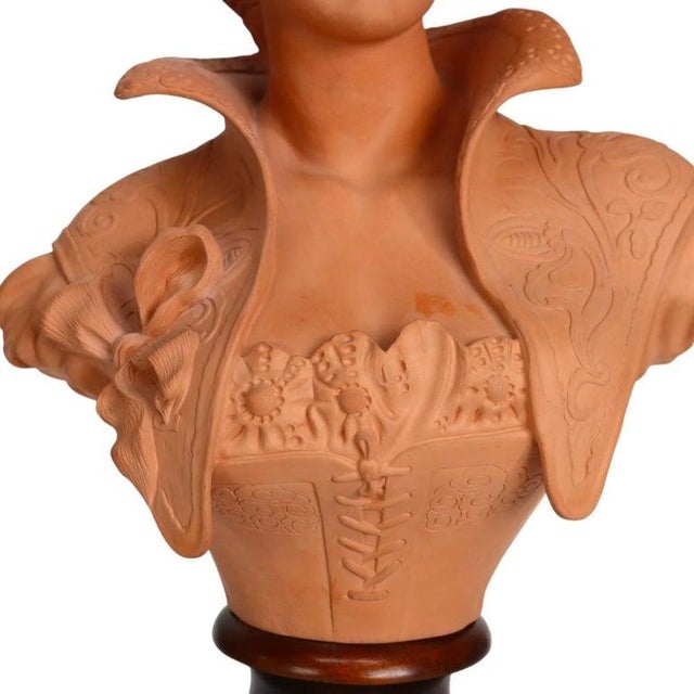 Antique Terra Cotta Bust of a Debutante in Victorian Finery on Wood Plinth C1910 For Sale - Image 4 of 14