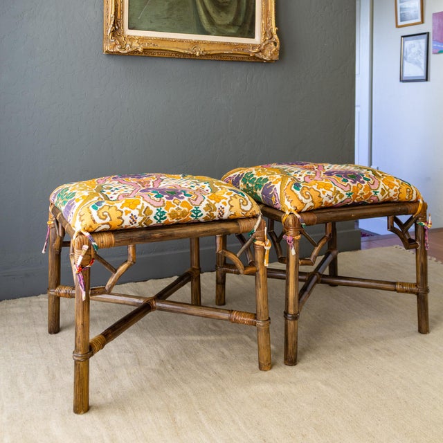 Wood Pair of McGuire Style Chinoiserie Bamboo Stools or Ottomans With Tufted Cushions. For Sale - Image 7 of 18