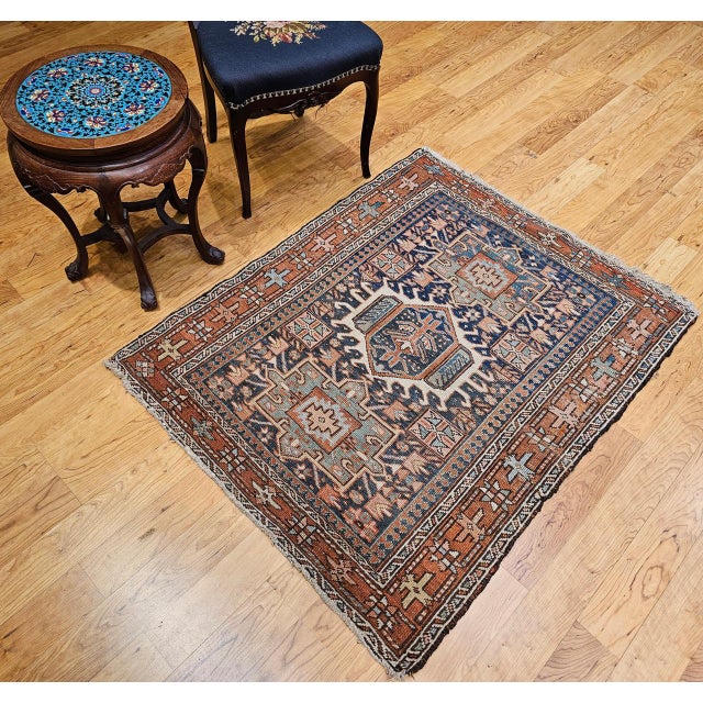 19th Century Heriz Karajeh Rug, Hand-Knotted Wool, Geometric Pattern, Blue & Green, 4x5 For Sale - Image 4 of 16
