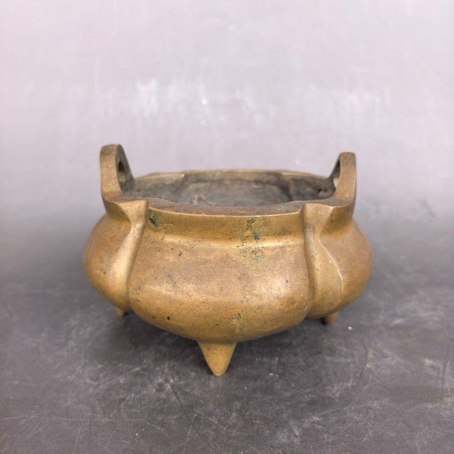 Brass Vintage Solid Brass Incense Burner, Yuanbao Ears & Tripod Feet, Melon Shaped Chinoiserie Censer for Altar and Table Decor For Sale - Image 8 of 9