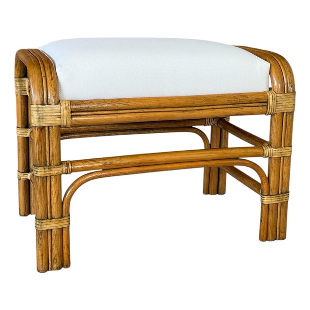 Vintage Coastal Rattan Ottoman With Custom Sunbrella Cushion For Sale