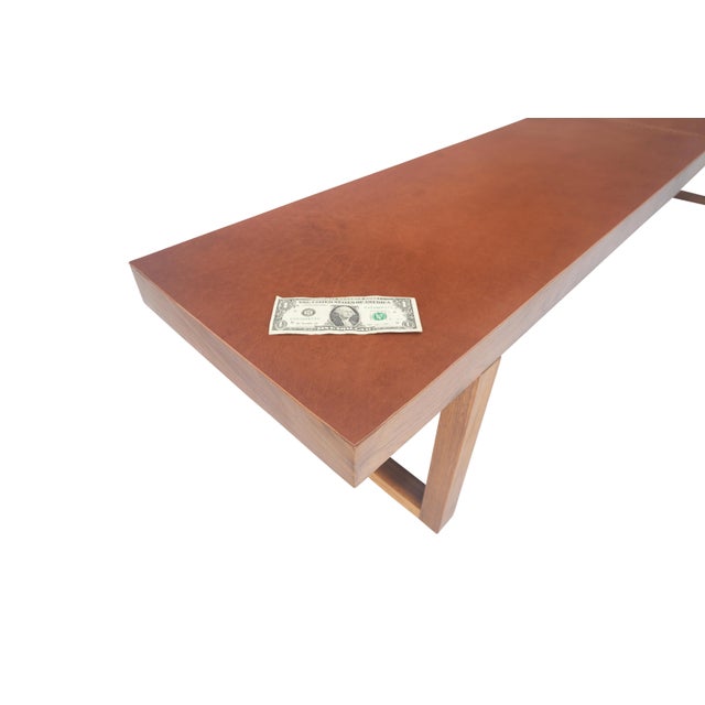 Established Lines Slim Profile Solid Walnut Frame Integrated leather Cushion 7.5' Long Bench For Sale - Image 4 of 12