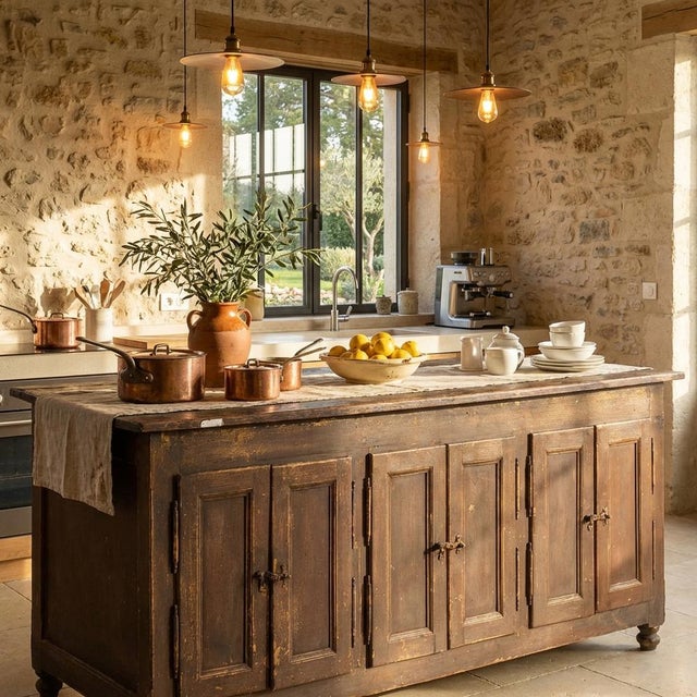 Antique kitchen island with doors on both sides and shared center compartments (c.1850) Our antique kitchen island is a...