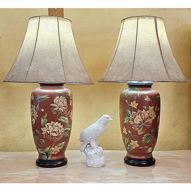 Chinoiserie Vintage Burgundy Floral Chinoiserie Ceramic Ginger Jar Table Lamps With Shades - Pair For Sale - Image 3 of 18