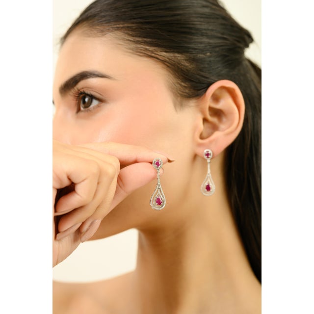 Art Deco Art Deco Style 2.06Ct Ruby & Diamond Teardrop Dangle Earrings in 18k White Gold- 2 Pieces For Sale - Image 3 of 12