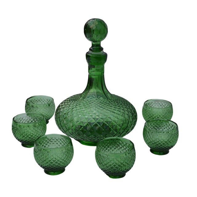 Midcentury Italian Green Textured-Glass Decanter & Glasses Set- 7 Pieces For Sale - Image 4 of 10