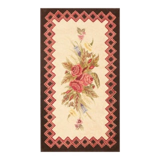 1920s Ivory Roses Folk Art Antique American Hooked Rug 2' 6" X 4' 7" Handknotted Wool Carpet For Sale