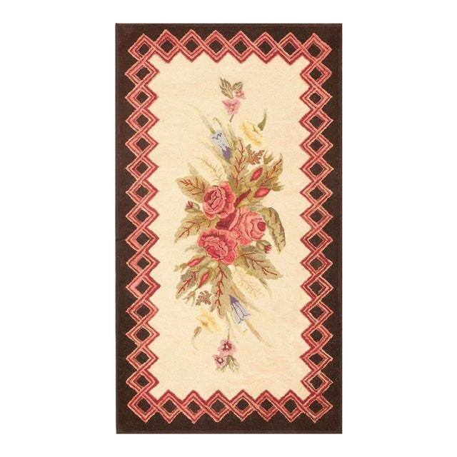 1920s Ivory Roses Folk Art Antique American Hooked Rug 2' 6" X 4' 7" Handknotted Wool Carpet For Sale