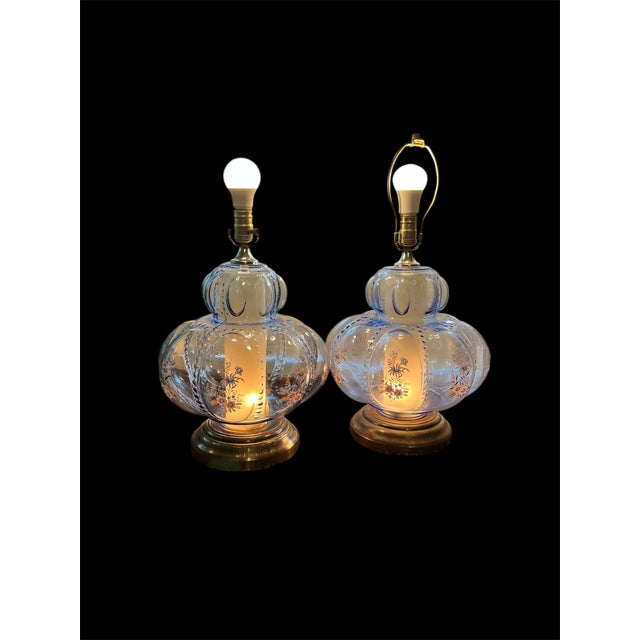 Glass 1950s Pair of Mid-Century Modern Murano Style Blue Bullicante Glass Lamps For Sale - Image 7 of 12