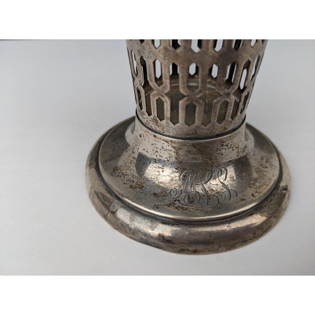 Vintage Sterling Silver Vase With Frosted Ribbed Art Glass Trumpet Insert, Art Deco Style For Sale - Image 9 of 15