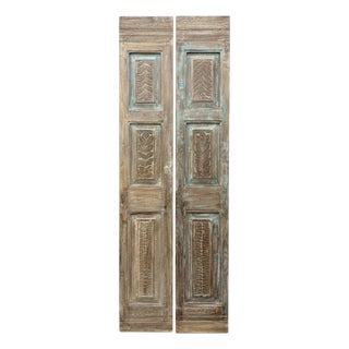 Antique Blue Floral Carved Pantry Doors – Rustic Hand-Carved Double Doors, Hinged or Sliding 80 For Sale