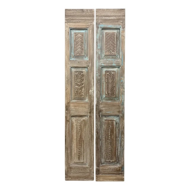 Antique Blue Floral Carved Pantry Doors – Rustic Hand-Carved Double Doors, Hinged or Sliding 80 For Sale