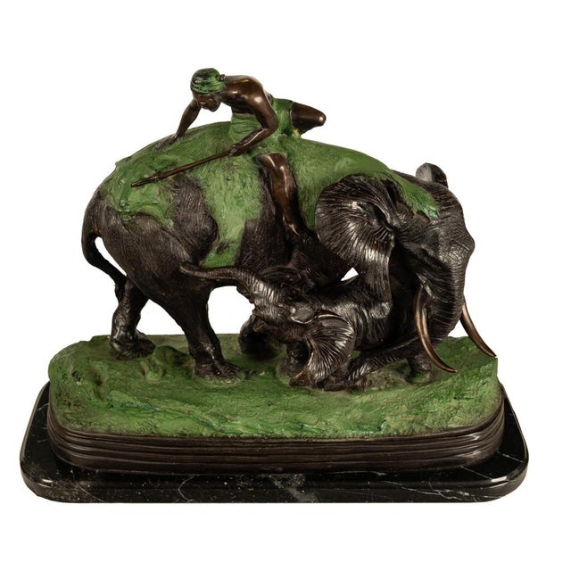 Bronze Antique Cast Bronze Elephant Hunt Scene With Lion Antonio Amorgasti Belgium 1925 For Sale - Image 8 of 15