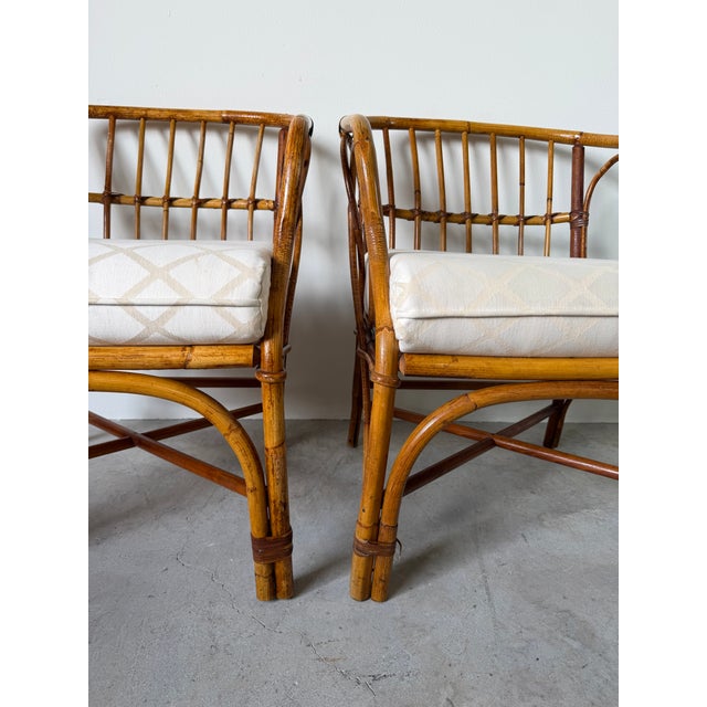 1970's Vintage Coastal Bamboo Rattan Barrel Lounge Chairs - A Pair For Sale - Image 14 of 17