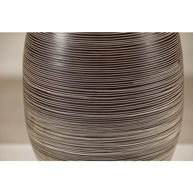 Large Artisan Ceramic Vase with Fine Linear Decoration in Brown and Cream For Sale - Image 4 of 16