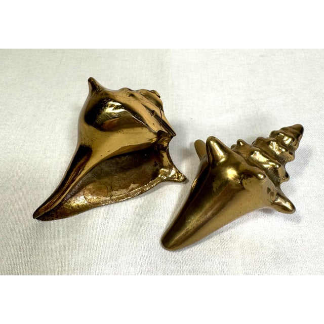 Traditional Vintage Coastal Solid Polished Brass Shell Sculpture Decorative Objects, a Pair For Sale - Image 3 of 12