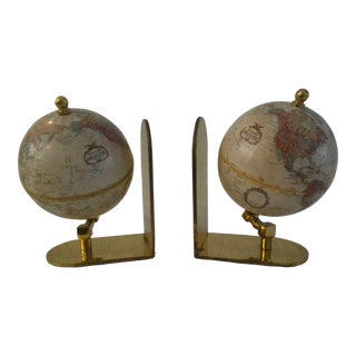 1970s English Replogle Globe Polished Brass Bookends, a Pair For Sale