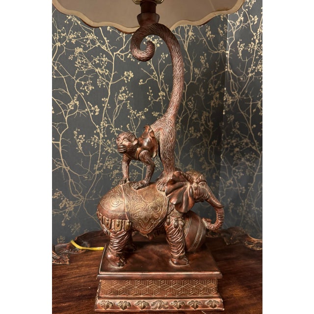 Hollywood Regency Maitland Smith Elephant & Monkey Figural Lamp With Faux Tooled Leather Shade For Sale In Philadelphia - Image 6 of 10