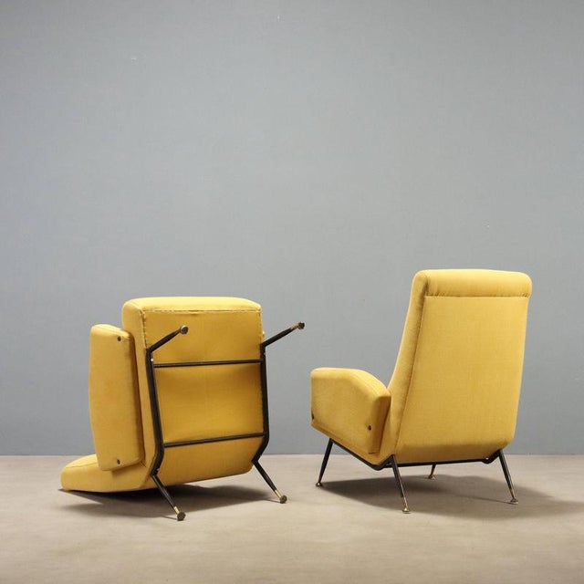 Yellow Vintage Lounge Chairs in Green Fabric and Brass, Italy, 1960s, Set of 2 For Sale - Image 8 of 9