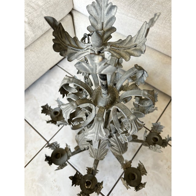 Vintage Patina Wrought Iron Tole Leaf 8 Candle Chandelier 30" Heavy French Style For Sale - Image 13 of 13