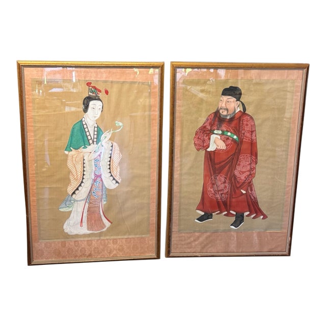 Pair of Antique Hand Painted Chinese Ancestral Portrait Paintings For Sale