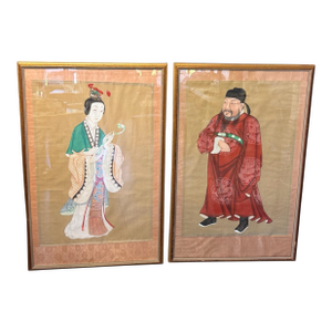Pair of Antique Hand Painted Chinese Ancestral Portrait Paintings