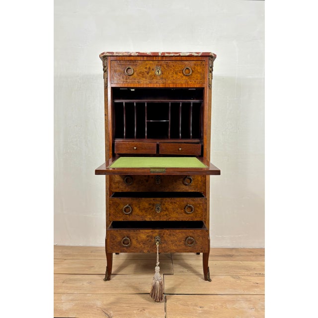 French Louis XVI Style Burl Wood Secretary Chest with Marble Top, 1930s For Sale - Image 9 of 15