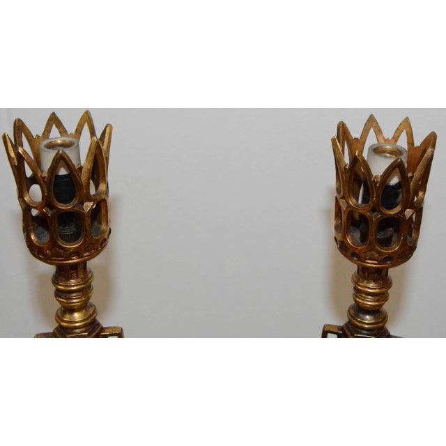 1920s Pair of Art Deco Bronze Lamps With Iridescent Shades For Sale - Image 5 of 11