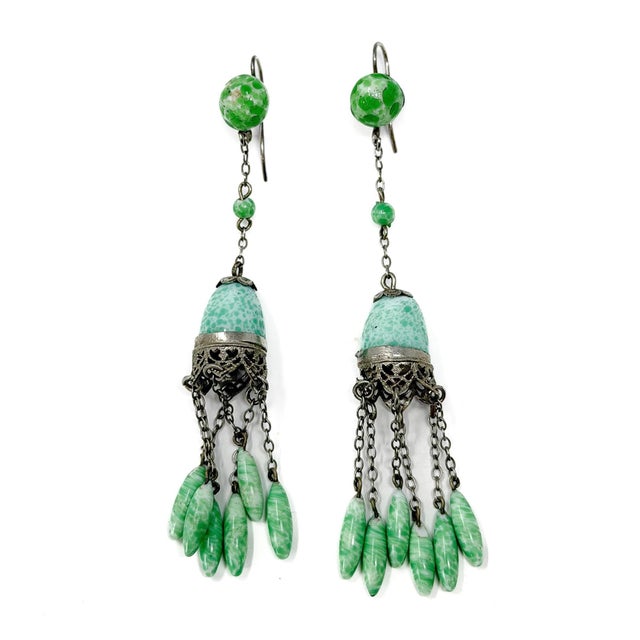 Green Art Deco Green Glass Beaded Tassel Earrings, 1920s, Set of 2 For Sale - Image 8 of 8