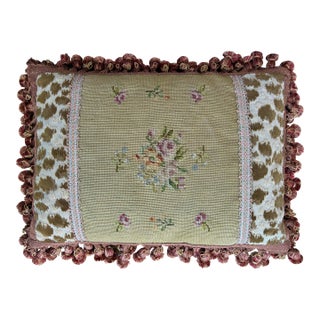 French Aubusson Style Needlepoint Pillow With Pom Pom Fringe For Sale