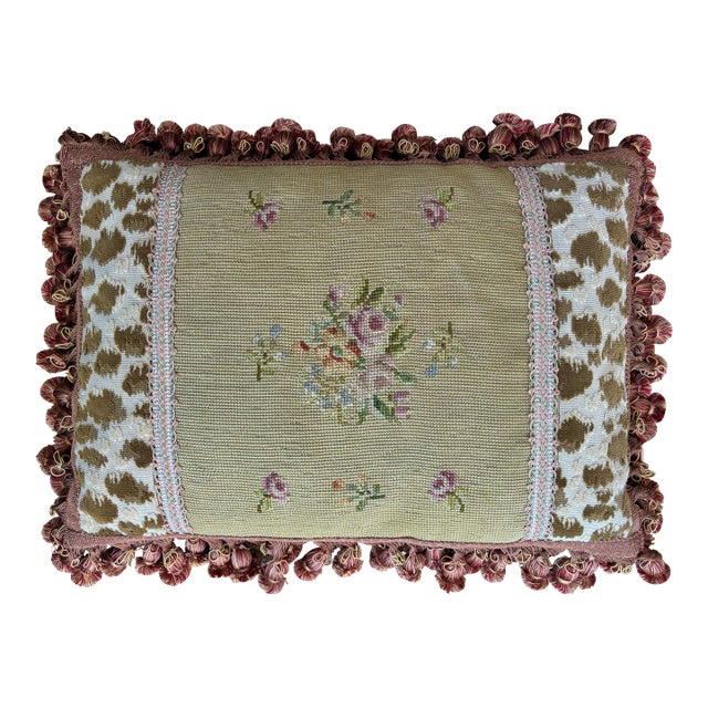 French Aubusson Style Needlepoint Pillow With Pom Pom Fringe For Sale