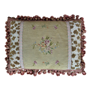 French Aubusson Style Needlepoint Pillow With Pom Pom Fringe