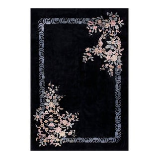 1930s Antique Black Color Minimalist Open Field Chinese Art Deco Rug For Sale