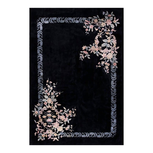 1930s Antique Black Color Minimalist Open Field Chinese Art Deco Rug For Sale
