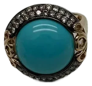 Round Blue Teal Turquoise Diamonds Halo Pave Set 14k Yellow Gold Cocktail Ring, Size 6