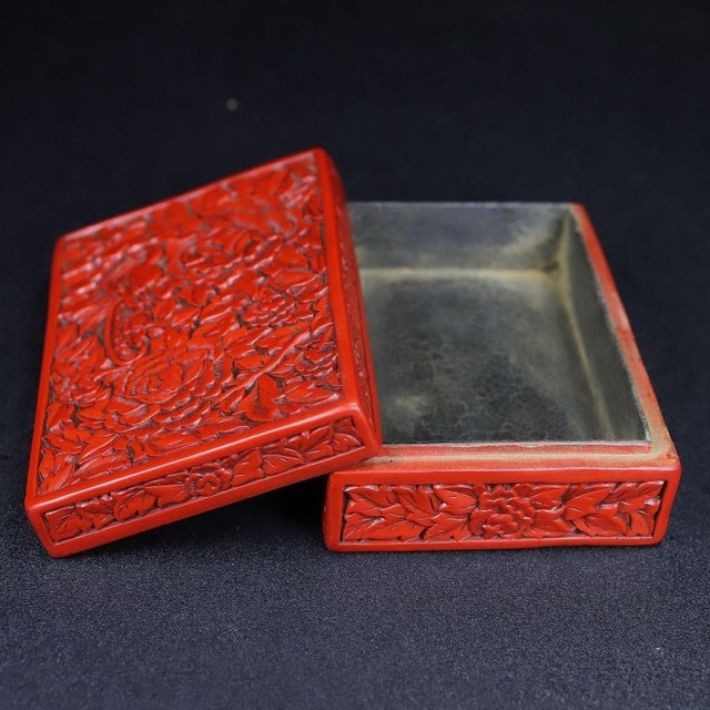 Carved Cinnabar Lacquer Box With Floral and Bird Motifs For Sale - Image 4 of 9