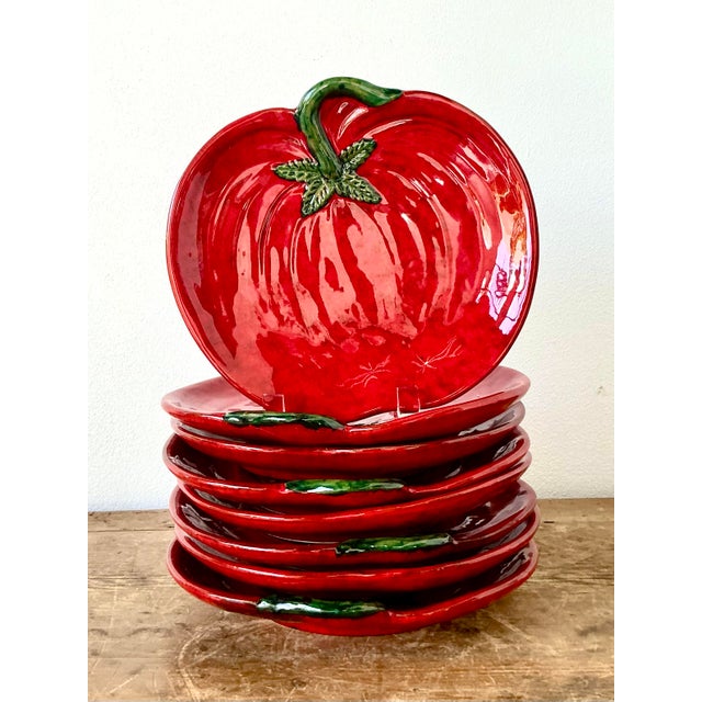 Vintage 1960s Italian Glazed Ceramic Tomato Plates - Set of 8 For Sale In West Palm - Image 6 of 12
